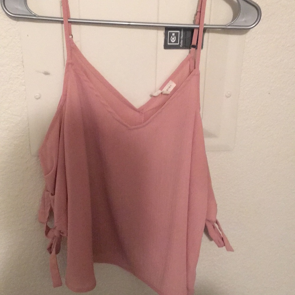 open shoulder pink blouse